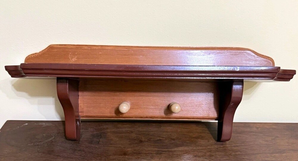 Vintage Wood Wall Shelf Plate Ledge 2 Peg Hooks Two-Tone Country Farmhouse 19"